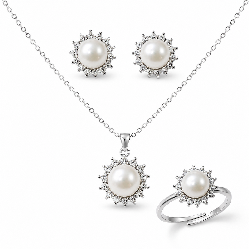 Freshwater Pearl & Moissanite Silver Set