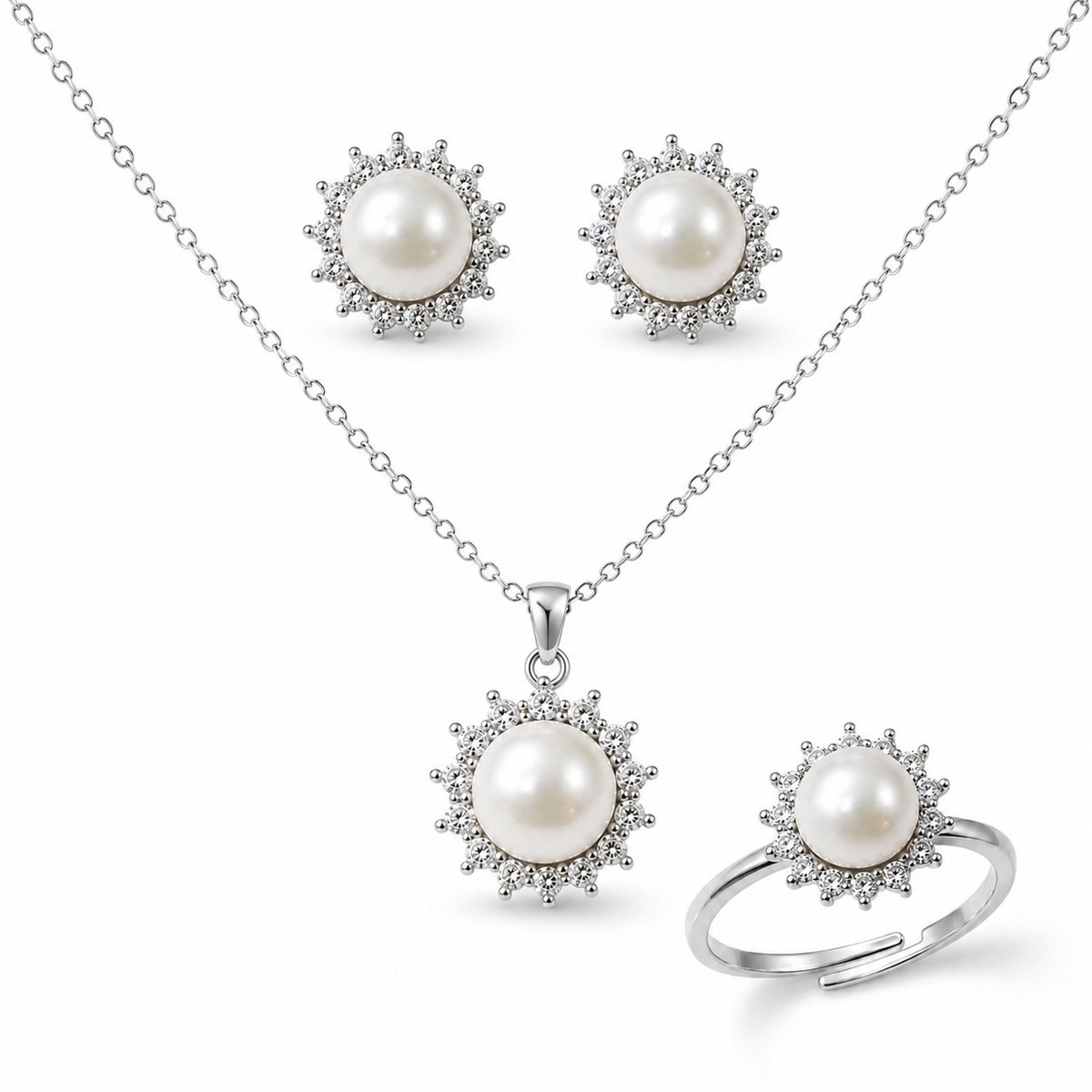 Freshwater Pearl & Moissanite Silver Set