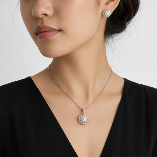 Freshwater Pearl & Moissanite Silver Set