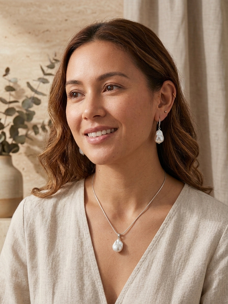 White Baroque South Sea Pearl Necklace & Earrings